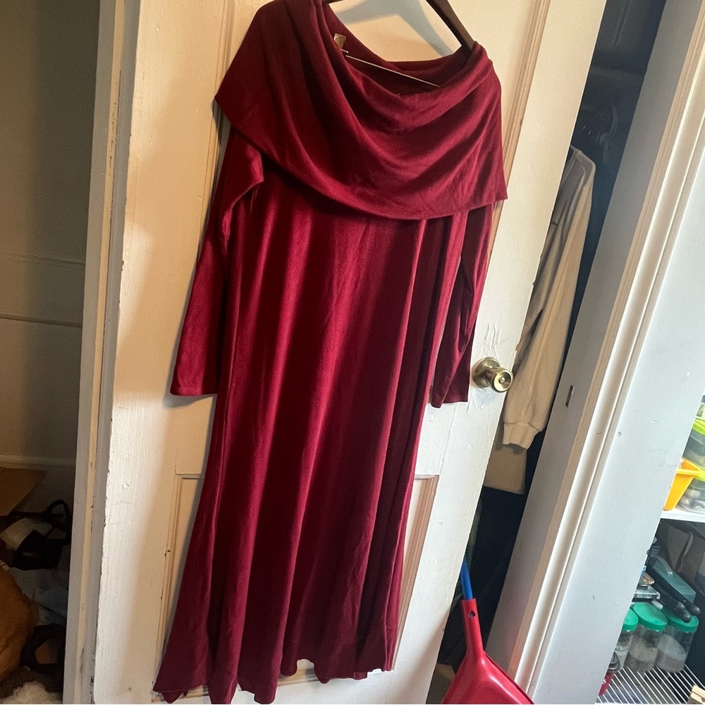 Soft Surroundings Bcall Dress L Crimson Red Jersey Knit Drape Neck NWT